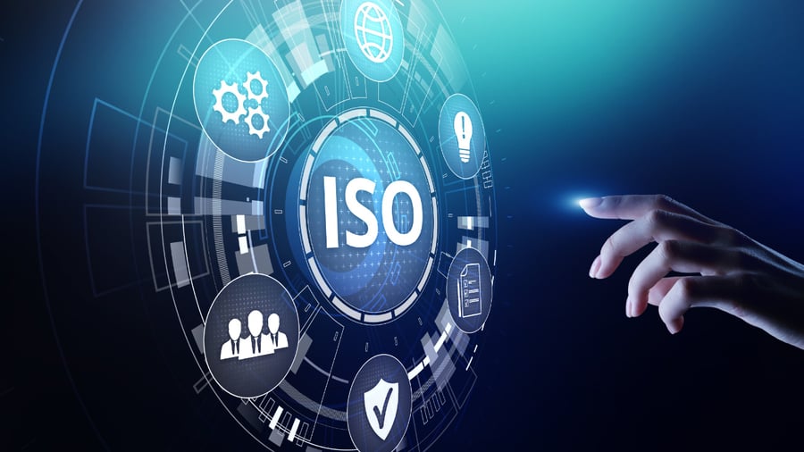 Augmented reality, digital graphic of ISO and related icons in a circular graph that are about to be clicked on by a human hand