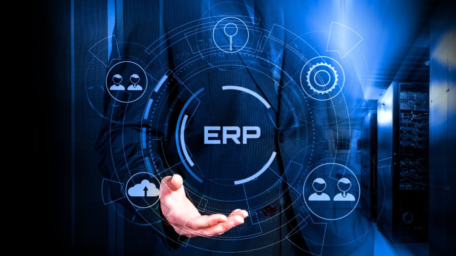 AI, augmented reality graphic of software icons and the letters ERP in the center floating over a hand