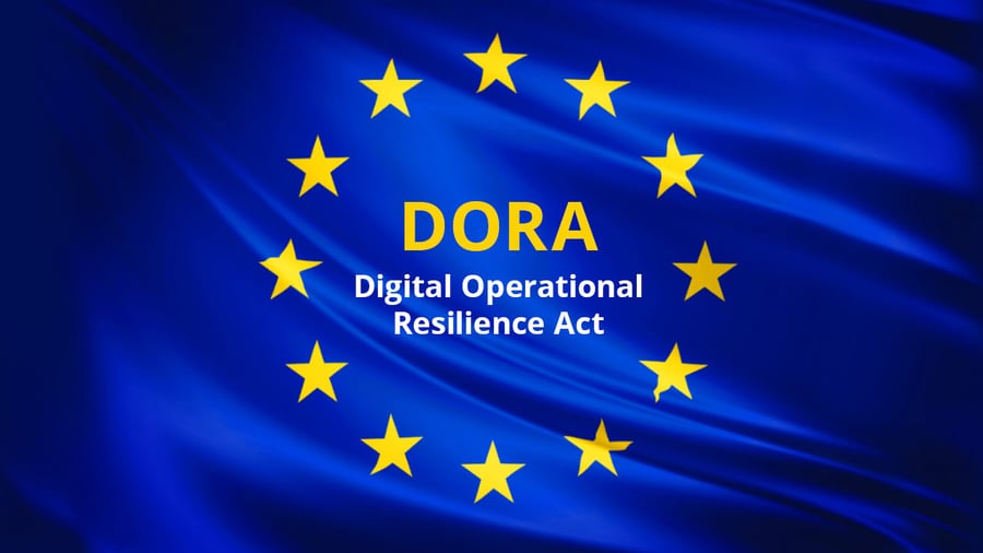 European Union flag and in-between the stars is the text DORA: Digital Operational Resilience Act