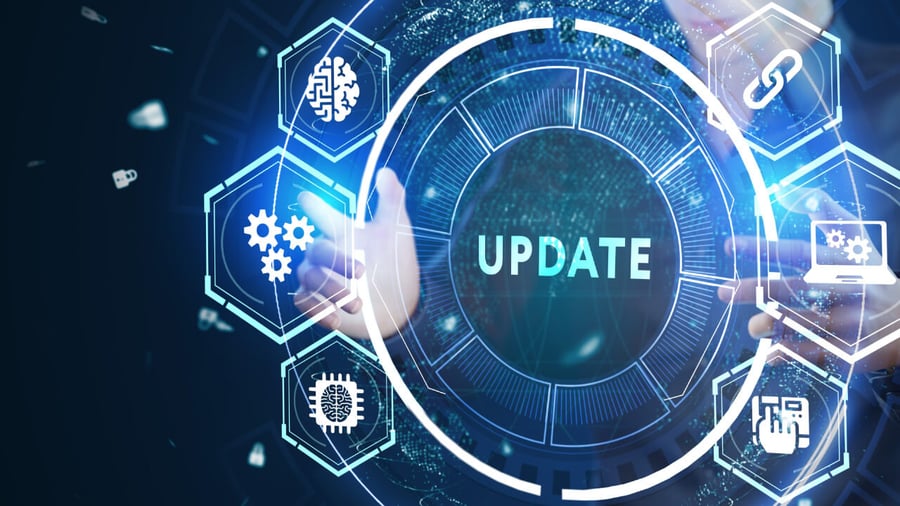 Large, honey combed-shaped augmented reality graphic floating in the air with the words Update in the center