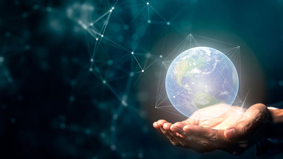 hands reaching out in a spacial, ambient room and a hologram of a globe projects from their palms and a data sequence emits from the hologram